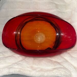 Vintage Murano-Style Art Glass Bowl | Red & Amber Sommerso Oval